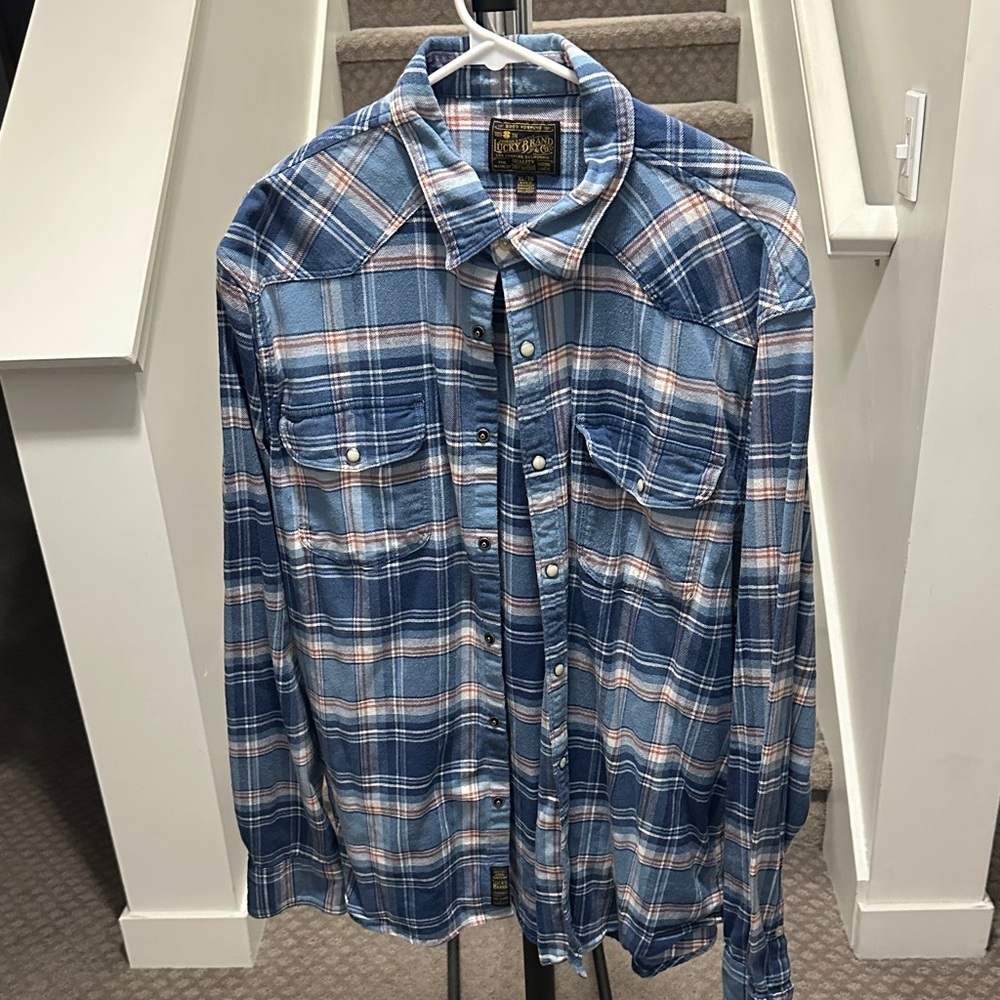 Lucky Brand Men's Blue and White Plaid Button Down Western Shirt